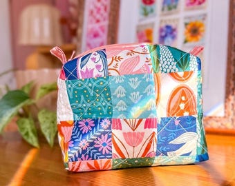 Bloomscape Patchwork Handmade Boxy Bag | Zipper Pouch | Makeup | Pencil Case | Travel | Small Organizer