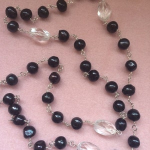 Black Pearl, Crystal Quartz, and Sterling Silver Long Wire Wrapped Necklace