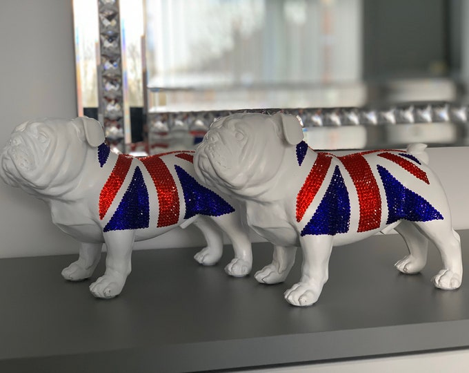 Premium Crystal Embellished Union Jack Bulldog Statue, Ornament, Luxury Home Decor & Gifts