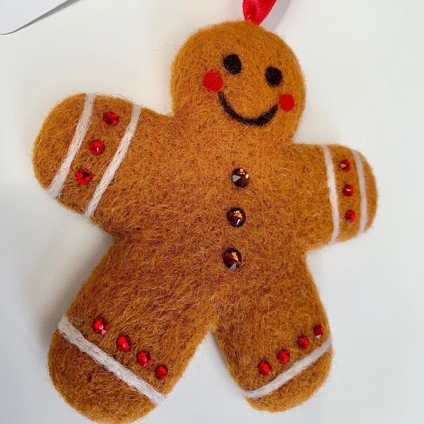 Needle Felted Gingerbread Man Sculpture, Austrian Crystal Decoration, Hanging Decoration, Christmas Decoration