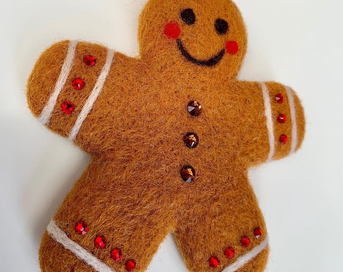 Needle Felted Gingerbread Man Sculpture, Austrian Crystal Decoration, Hanging Decoration, Christmas Decoration