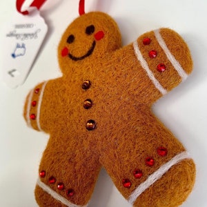 Needle Felted Gingerbread Man Sculpture, Austrian Crystal Decoration, Hanging Decoration, Christmas Decoration image 2