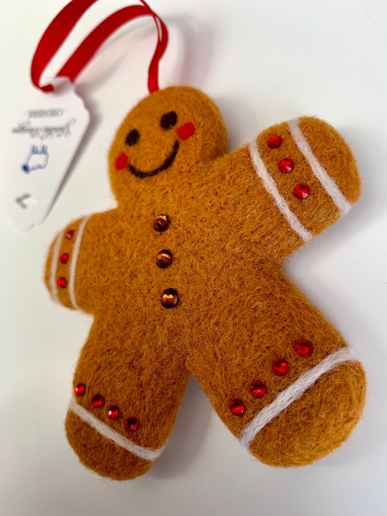 Needle Felted Gingerbread Man Sculpture, Austrian Crystal Decoration, Hanging Decoration, Christmas Decoration image 3