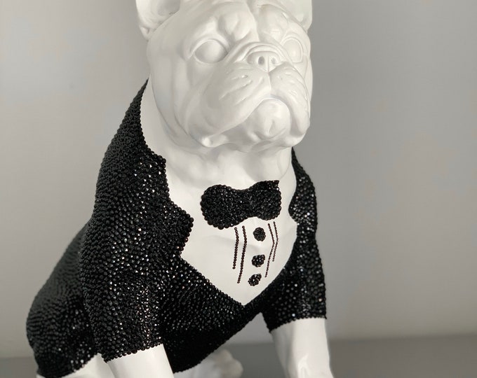 Crystal-Adorned Frenchie Sculpture - Black Tie Attire