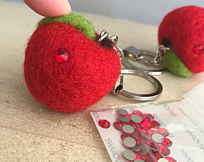 Crystal Embellished Needle Felted Apple Keyring, Pocket Token