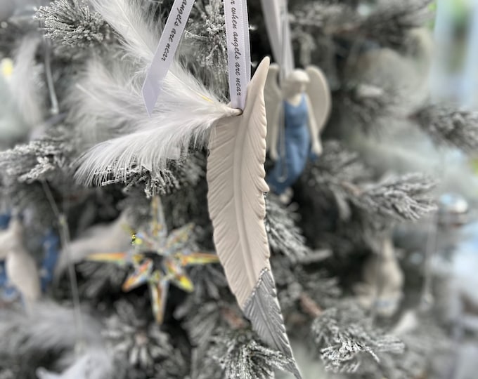 Ceramic Feather Decoration, Christmas Decoration, Memorial Decoration, White Ceramic Hanging Decoration