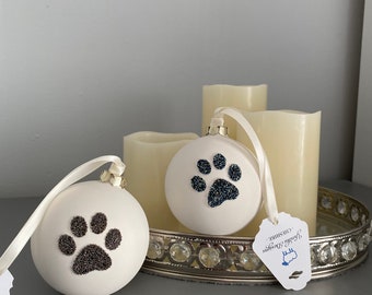 Ceramic Austrian Crystal Paw Print Bauble, Christmas Tree Decoration, Pet Memorial Gift, Hanging Decoration