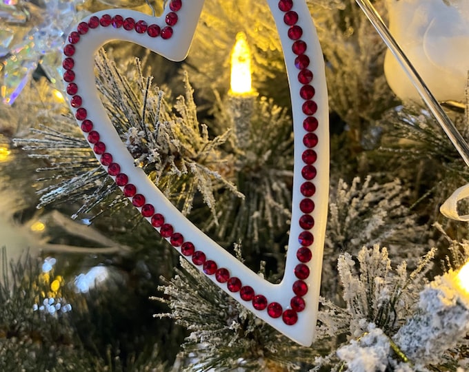 Ceramic Heart, Hanging Decoration, Crystal Heart, Christmas Decoration, Valentines Gift, Graveside Decoration, White and Red Decorations