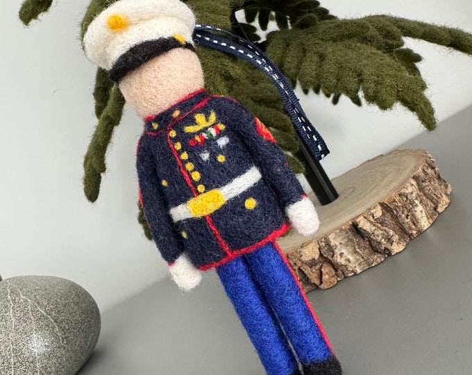 USA Marine in Dress Blues Uniform Hanging Decoration, USA Military Gift, Wool Sculpture, Needle Felted Christmas Decoration