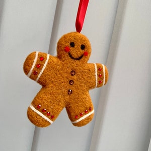 Needle Felted Gingerbread Man Sculpture, Austrian Crystal Decoration, Hanging Decoration, Christmas Decoration image 5