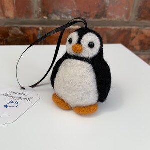 Needle Felted Penguin, Sculpture, Hanging Decorations, Christmas Decoration, Pocket Hug Gift, Photography Prop with satin ribbon