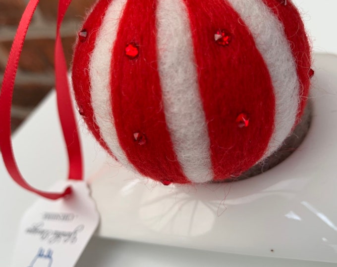 Crystal Embellished Needle felted Wool Bauble, Felted Wool Bauble, Red and white Baubles