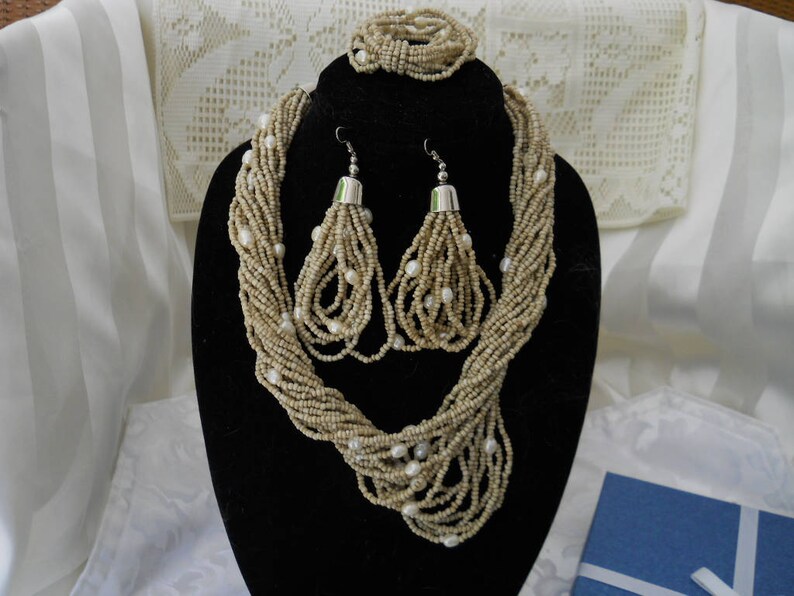 Beige Sea Bead Necklace Earring Bracelet Set #200