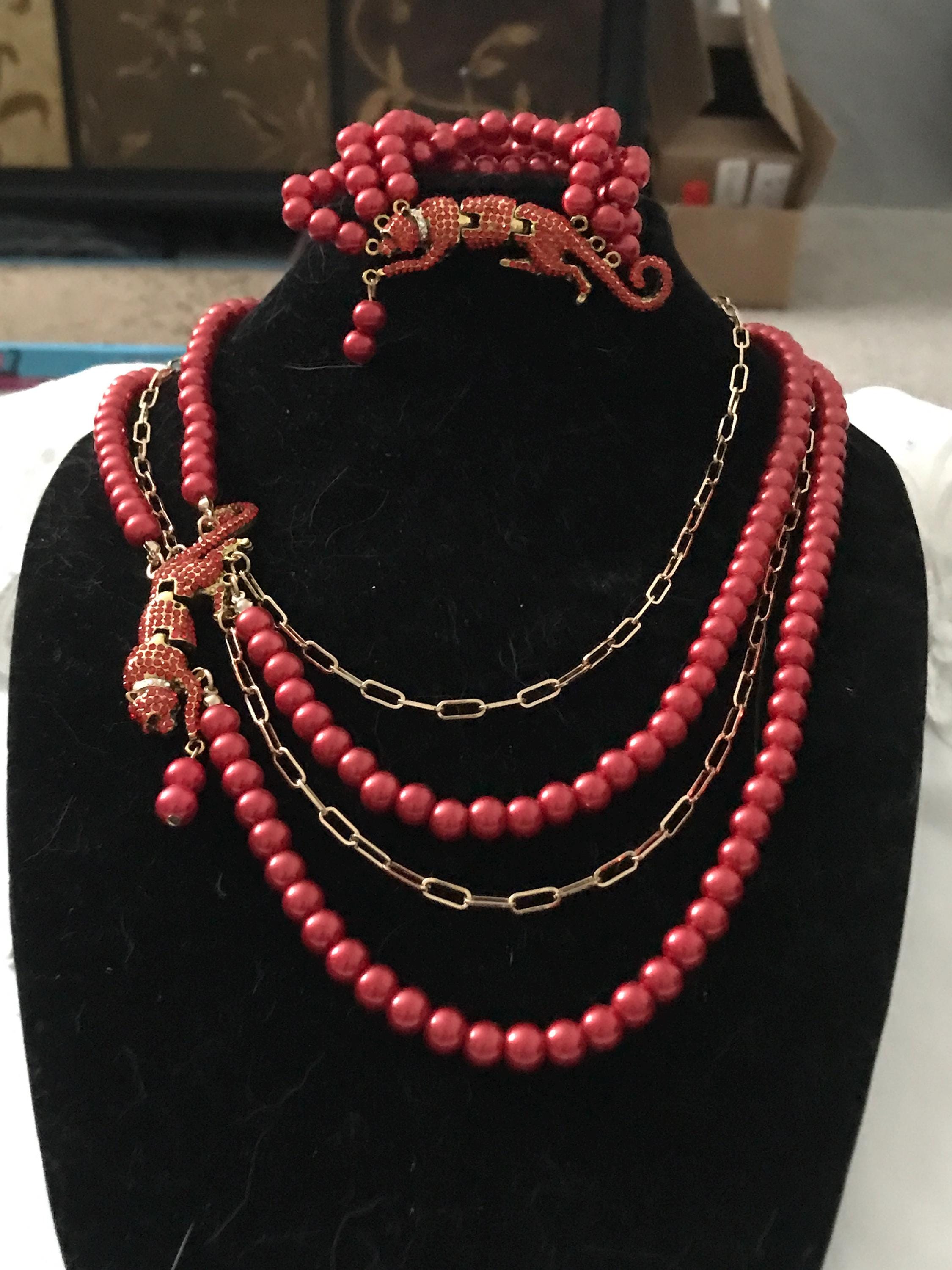 Red Pearl Rhinestone Cougar Necklace Set C8 - Etsy