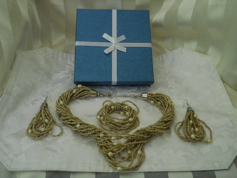 Beige Sea Bead Necklace Earring Bracelet Set #200