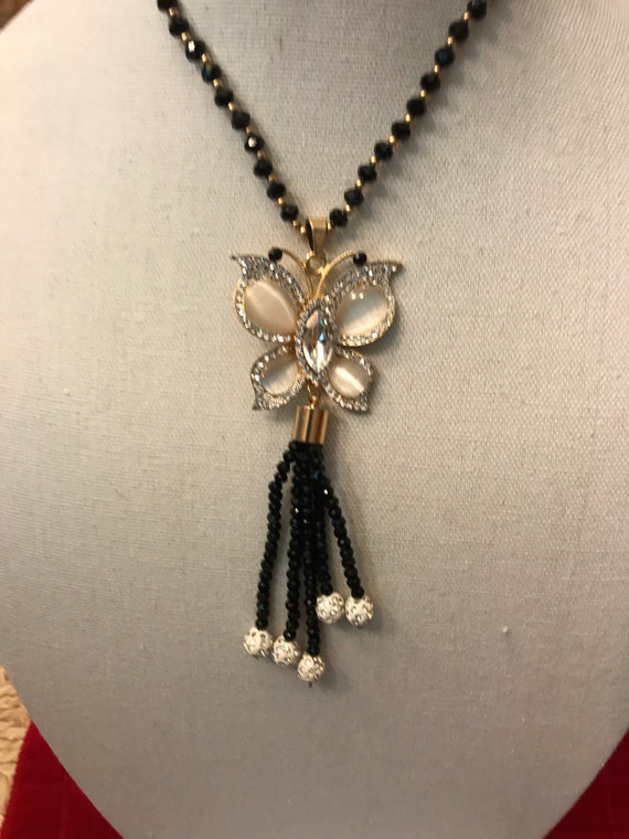 Cute Black Enamel Donkey Pendant Necklace With Crystal Cat's Eye & Rhinestones