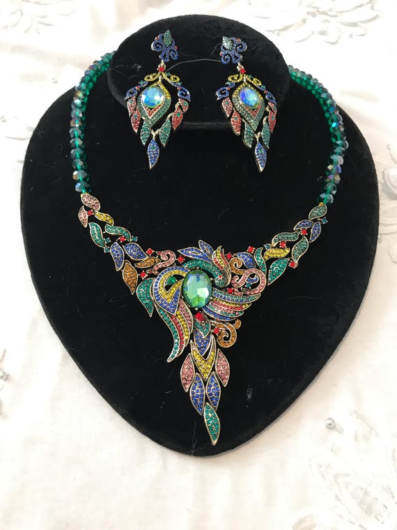 Crystal rhinestone bead peacock feather necklace set J3