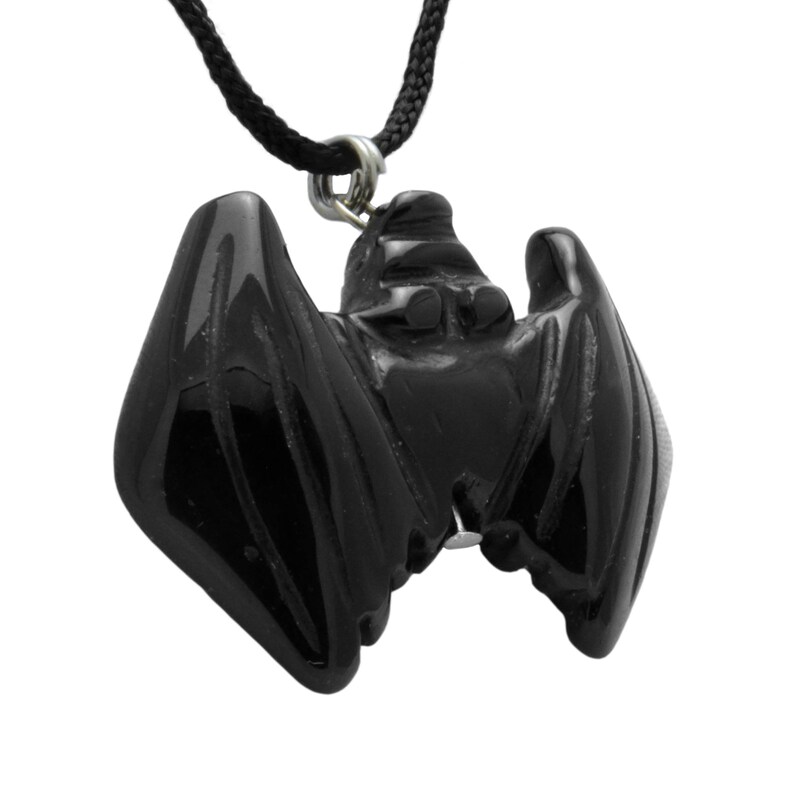 Bat Black Obsidian Gemstone Animal Pendant Hand Carved Stone Necklace Totem