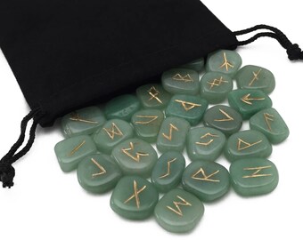 Green Aventurine Elder Futhark Rune Set Hand Carved Gemstone Runic
