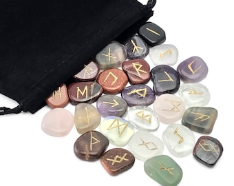 Mixed Assorted Gemstones Elder Futhark Rune Set Hand Carved Gemstone Runic