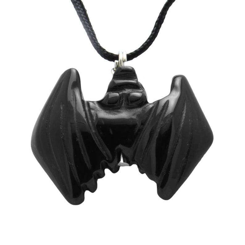 Bat Black Obsidian Gemstone Animal Pendant Hand Carved Stone Necklace Totem