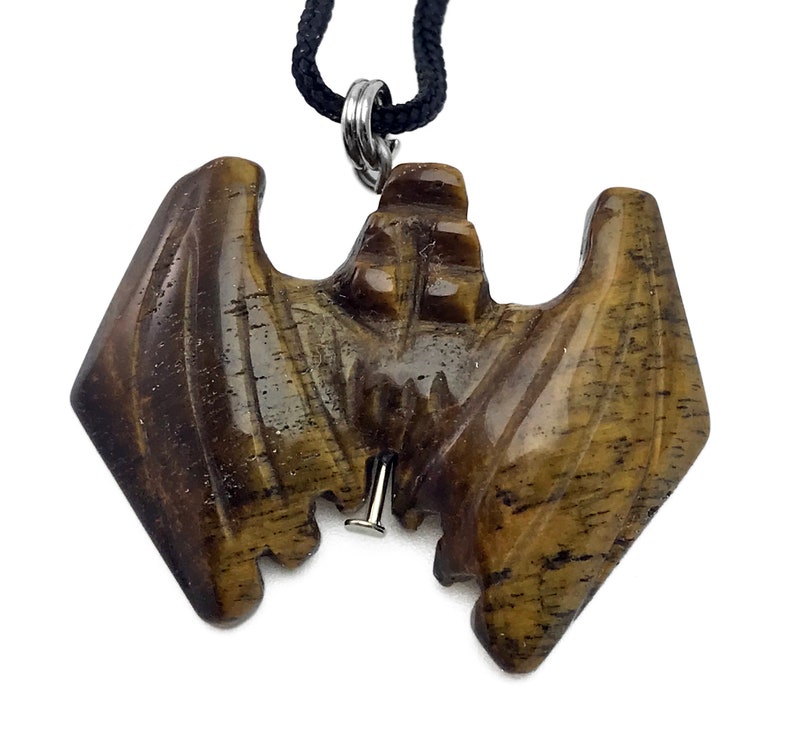 Bat Tigers Eye Gemstone Animal Pendant Hand Carved Stone Necklace
