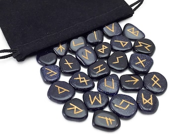 Blue Goldstone Elder Futhark Rune Set Hand Carved Gemstone Runic