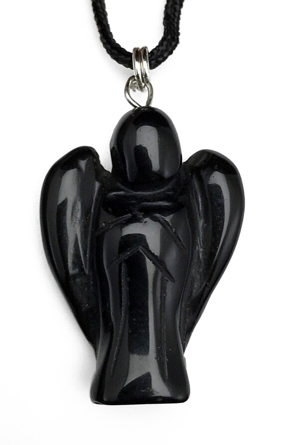 Angel Black Obsidian Gemstone Pendant Hand Carved Stone Image 0