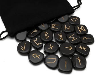 Black Obsidian Elder Futhark Rune Set Hand Carved Gemstone Runic