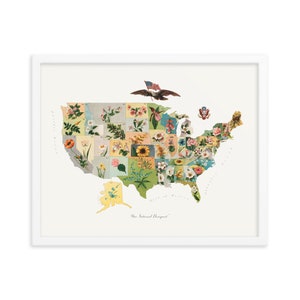 carte vintage des fleurs d’État des États-Unis Framed Fine Art Print • Giclee Fine Art Print