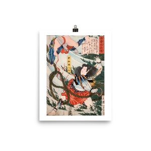 Tsukioka Yoshitoshi &#39;Aoyanagi Harunosuke Throwing an Assailant Underwater&#39; Japanese Color Woodblock Print • Giclee Fine Art Print