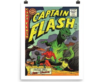 Captain Flash Battles a Dinosaur • Comic Book Cover • Superhero • Comic Book Illustration • Comic Book Art