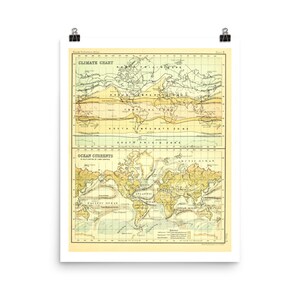 Impressão de belas artes de mapa • Mapa do mundo vintage • Carta climática • Mapa de correntes oceânicas • Mapa de superfície terrestre • Mapa do mundo • Impressão de belas artes giclée