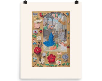 Nativité • Tirage d’art • Illustration de livre de prières • Enluminure manuscrite • Reproduction d’art médiéval