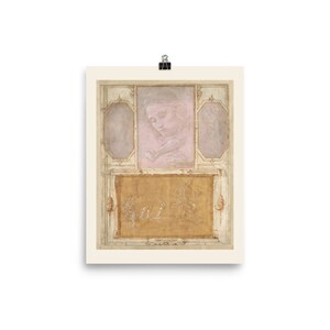May include: A vintage drawing of a woman's head and shoulders in a pink hue, framed within a decorative border. The lower portion of the drawing features a brown background with a faint sketch of figures.
