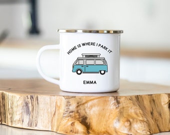 Retro Camper Van Home is Where I Park It /Personalised Camping Mugs/Enamel Camping Mug