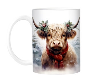 Christmas Highland Cow Themed Mug/Cow Gifts/Cow Mugs