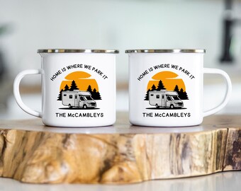 Set of 2 Home is Where We Park It /Personalised Gift/Enamel Camping Mug