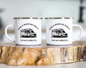 Set of 2 Home is Where We Park It /Personalised Gift/Enamel Camping Mug