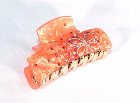 New Orange Flower Pearl Marble Hair Clip Claw W Clear And Etsy