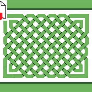 May include: A green Celtic knot design with a white background. The knot is surrounded by a green border.