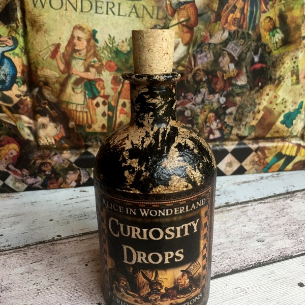 Steampunk Bottle. Gothic Bottle. Goth. Steampunk Alice in Wonderland Bottle. Drink Me Bottle. Curious Concoction. Alice in Wonderland Decor.