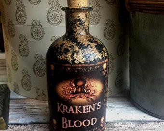 Steampunk. Kraken. Steampunk Bottle. Kraken's Blood. Kraken Bottle. Steampunk Gift. Steampunk Decor. Goth Gift. Goth Bottle. Goth Decor.