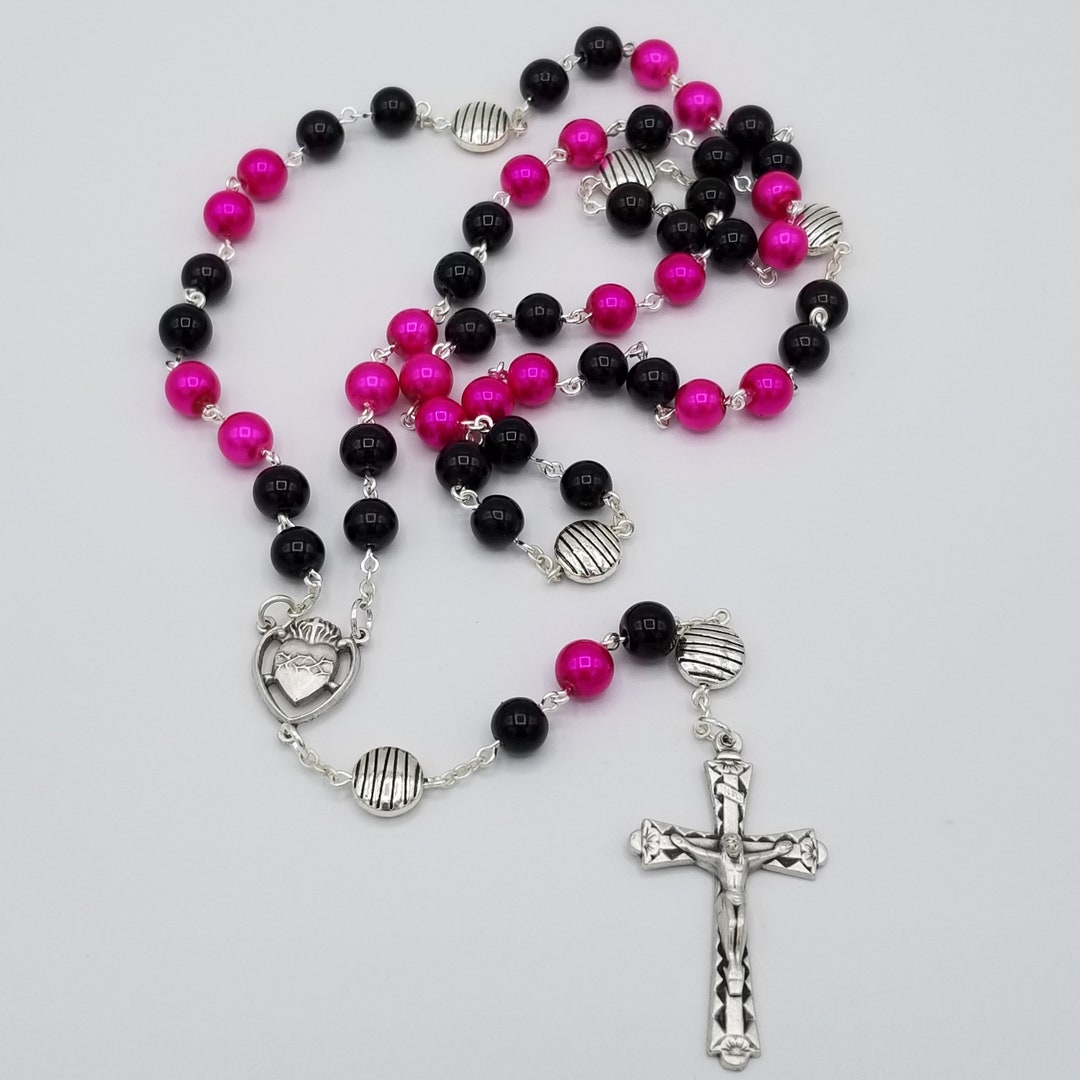 Hot Pink and Black Sacred Heart Rosary - Etsy