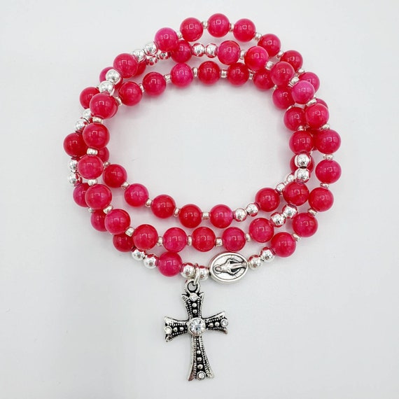 Candy Pink Mountain Jade Stretch Rosary Bracelet Etsy