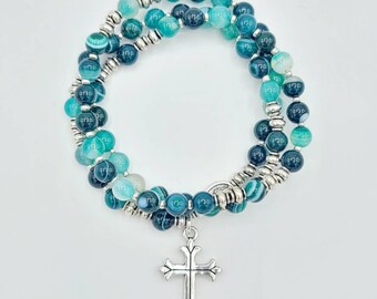 Teal Striped Agate Stretch Rosary Bracelet