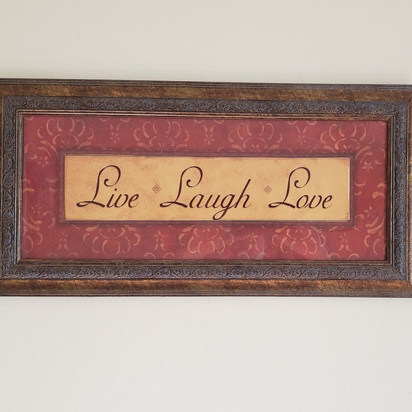 Wood picture frame Vintage   23.75" x 11.75" outside dimensions 20" x 8" " inside dimensions 2" Wide. Comes with Live Laugh Love print