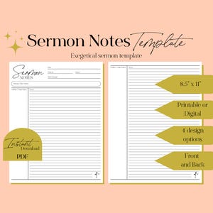May include: A printable or digital sermon notes template with the title "Sermon Notes Template" and the text "Exegetical sermon template". The template is 8.5 inches by 11 inches and has four design options. The template is available for instant download as a PDF.