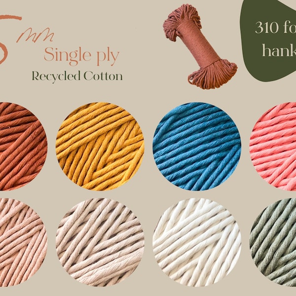 5mm - Single Ply Macrame Cord - 310 feet - Recycled Cotton Rope Hanks