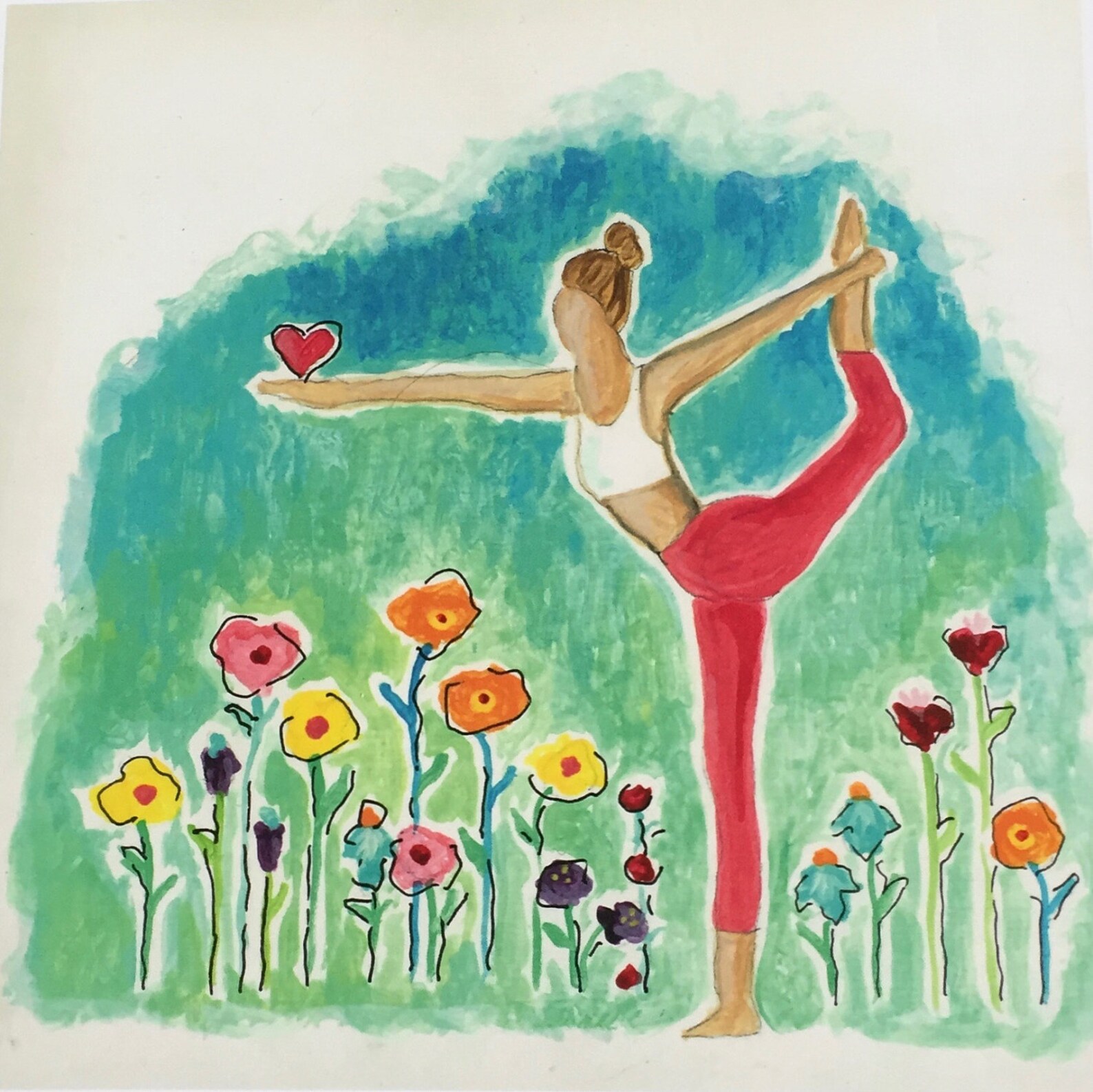 Yoga Art, Yoga Pose, Whimsical Yoga Art, Whimsical Flowers, Yoga Girl